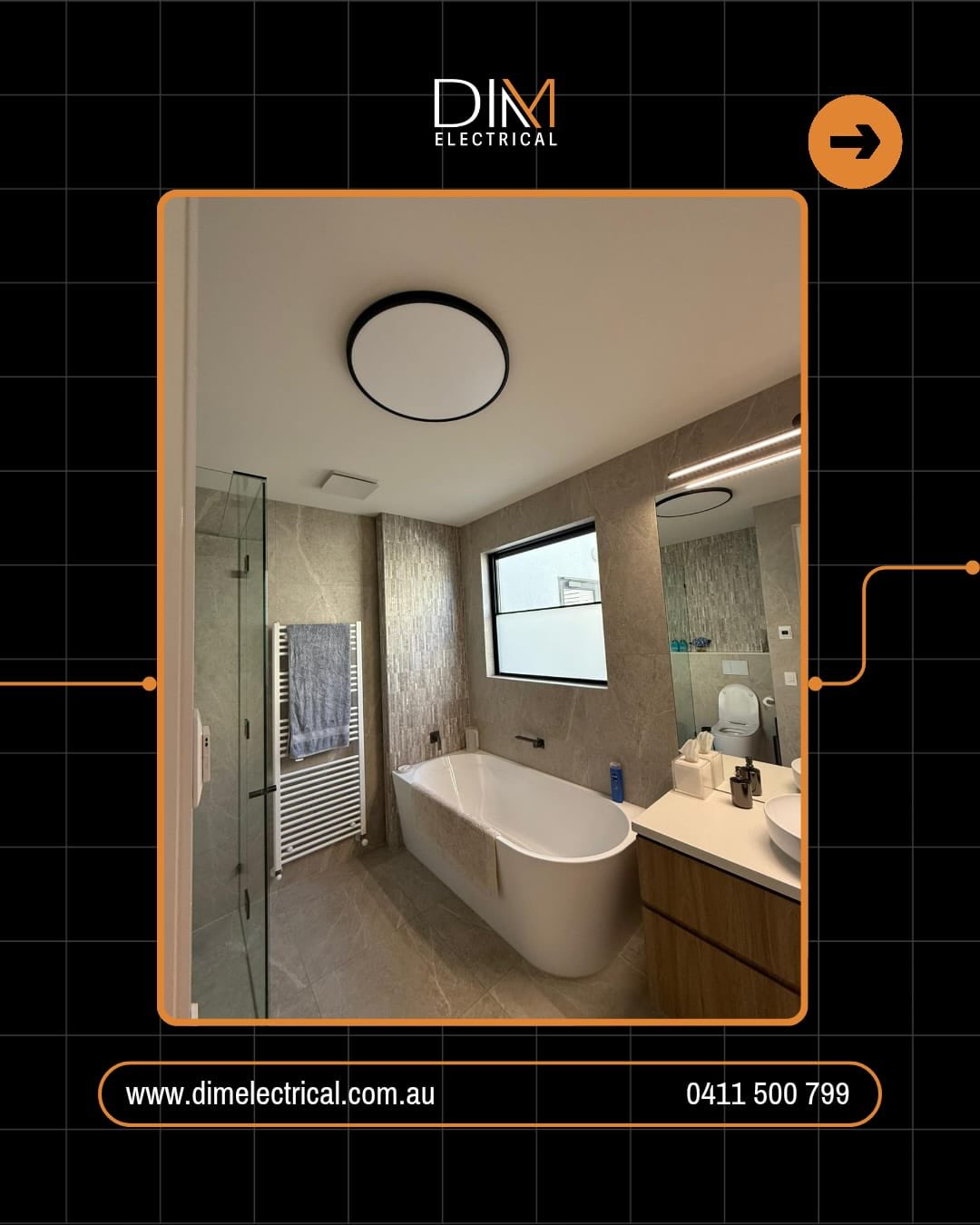 Bathroom lighting installed by DIM Electrical in a renovated Melbourne bathroom