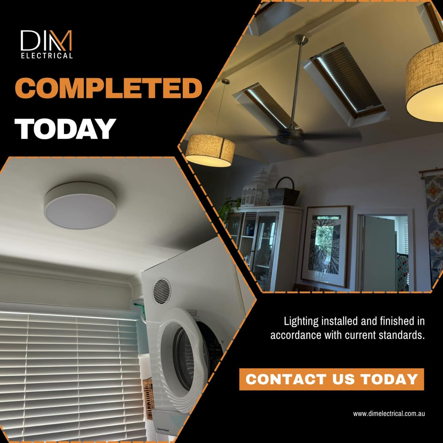Completed ceiling lighting, fan and skylight installation collage by DIM Electrical