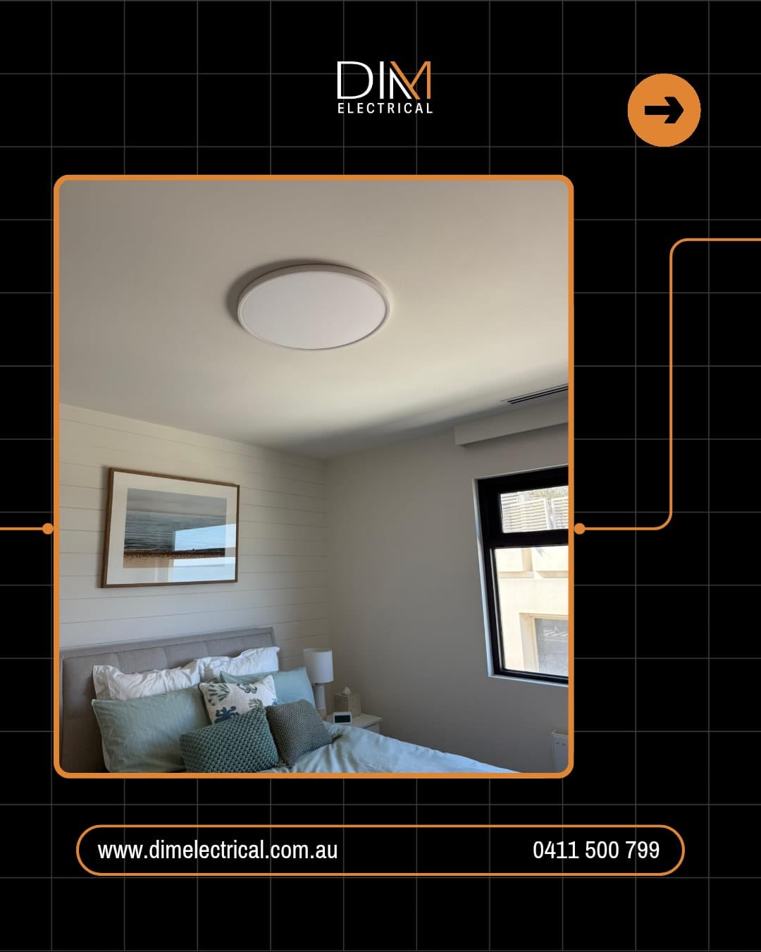 Oyster ceiling light installed by DIM Electrical in a Melbourne bedroom