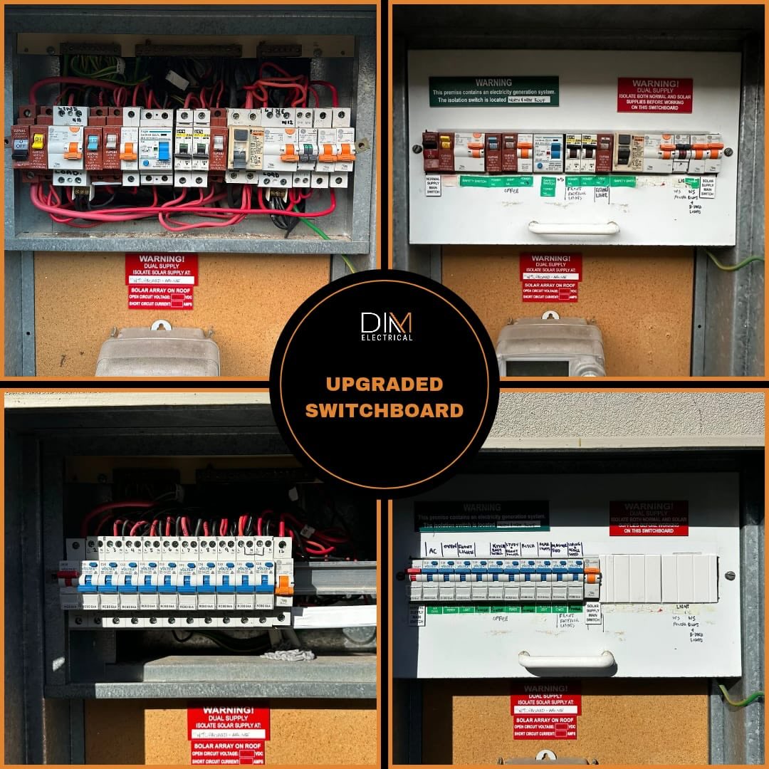 Before and after of a DIM Electrical switchboard upgrade, an old fuse board next to a tidy modern board with safety switches